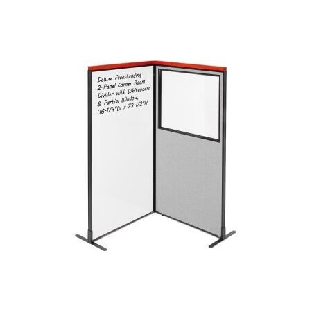 Global Equipment Interion Deluxe Freestanding 2-Panel Corner w/Whiteboard Partial Window 36-1/4Wx73-1/2H Gray 695180GY